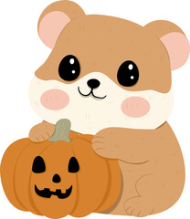 Cartoon of a hamster and a ghost pumpkin on Halloween night