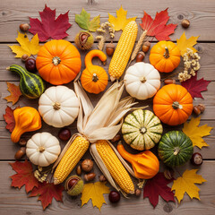 Overhead view of a vibrant autumn harvest display with various pumpkins, gourds, corn, and colorful maple leaves on a rustic wooden background.