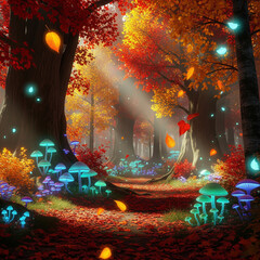 A magical autumn forest scene with glowing mushrooms, falling leaves, and ethereal light rays filtering through vibrant trees.