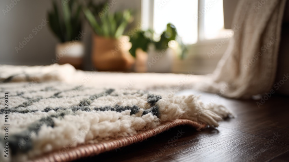 Poster cozy rug layering captured in medium shot with plush textures highlighted on main rug while underlyi
