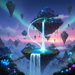A breathtaking fantasy landscape featuring multiple floating islands with glowing waterfalls, lush flora, and mystical bridges under a vibrant, ethereal sky.