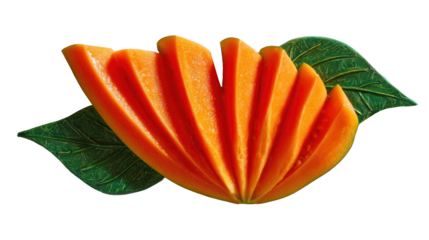 Sliced papaya arranged in a fan shape with green leaf on transparent background