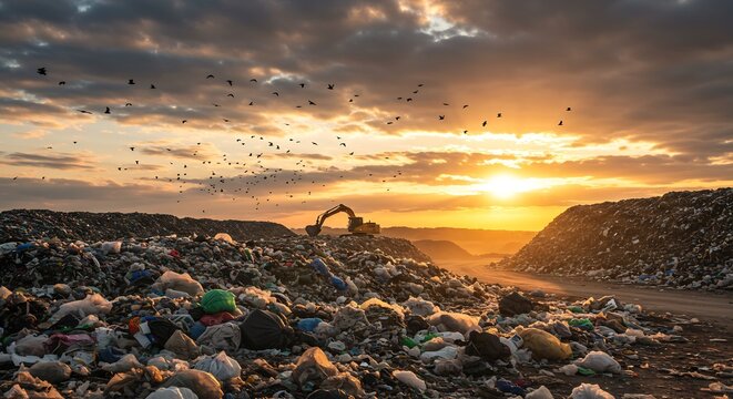 A landfill at sunset with piles of trash excavator and birds in the sky