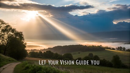 Serene Landscape with Sunlight Rays and Motivational Text Overlay