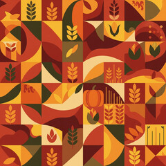 A vibrant geometric pattern featuring abstract autumn harvest elements like wheat, corn, pumpkins, and leaves in warm seasonal colors.