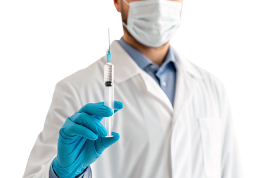 Healthcare professional in white coat holding medical syringe with blue needle cap, isolated on a transparent background