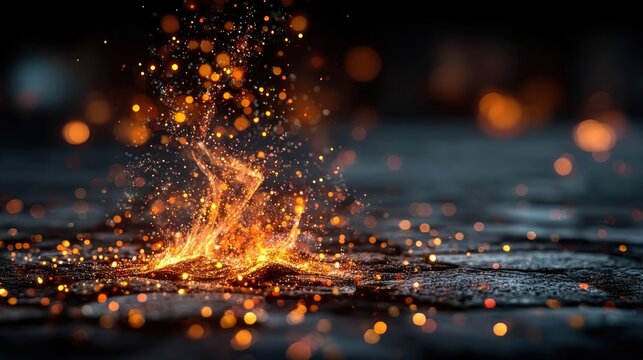 Glowing fire sparks and embers flying upward, orange flame particles effect on transparent background