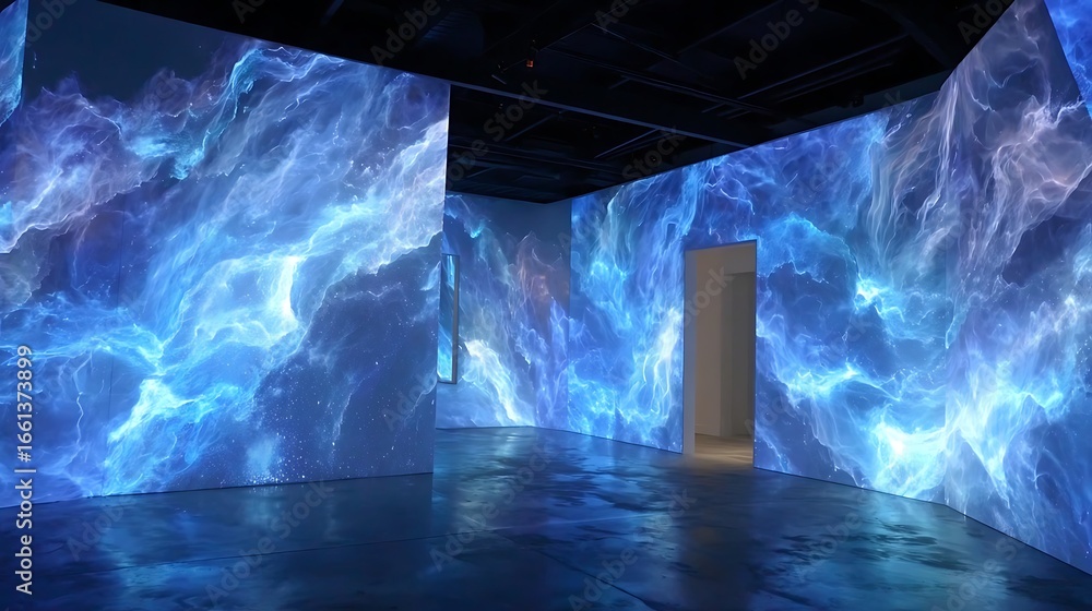 Poster immersive art experience digital art installation space with nebula projections and interactive disp