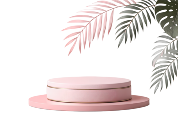 Stylish pink pedestal podium for product display, isolated on transparent background. Modern 3D round stage design perfect for showcasing cosmetics, fashion accessories, beauty products