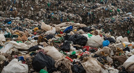A close-up of a massive landfill a mountain of mixed waste dominates the frame with layers of plastic fabric and debris