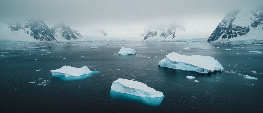 Icy Antarctic waters, majestic snow-capped mountains, and several floating icebergs - Powered by Adobe