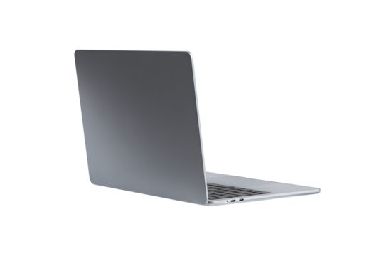 Rear view of modern laptop isolated on transparent PNG. Concept for technology, business, finance and advertising.