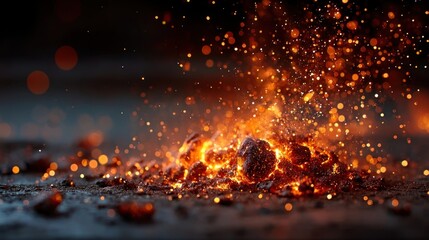 Glowing fire sparks and embers flying upward, orange flame particles effect on transparent background