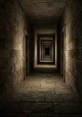 Long, stone hallway vanishing into darkness