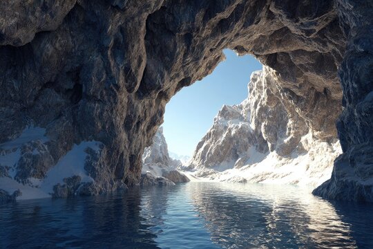 Snowy mountain cave opening onto a tranquil lake