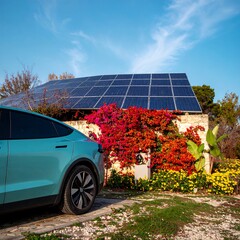 Electric car parked near solar panels on a sunny day