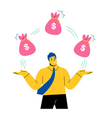 Business man holding bags full of money. Flat vector illustration isolated on white background