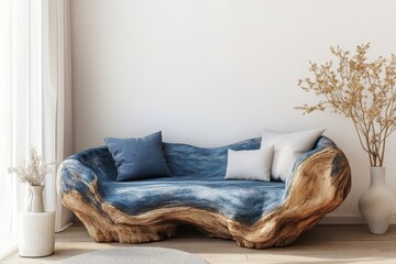 Handcrafted unique blue loveseat sofa made from tree trunk or root ball, placed against a white wall with abstract decor, representing Scandinavian home interior design for a modern, Generative AI