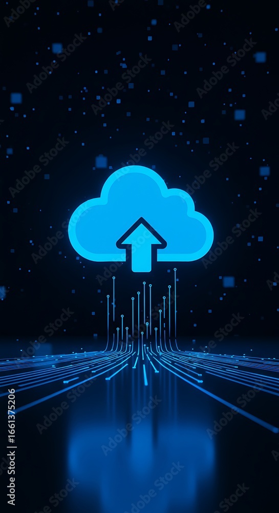 Poster glowing blue cloud icon uploading data streams onto a digital network, representing cloud computing 