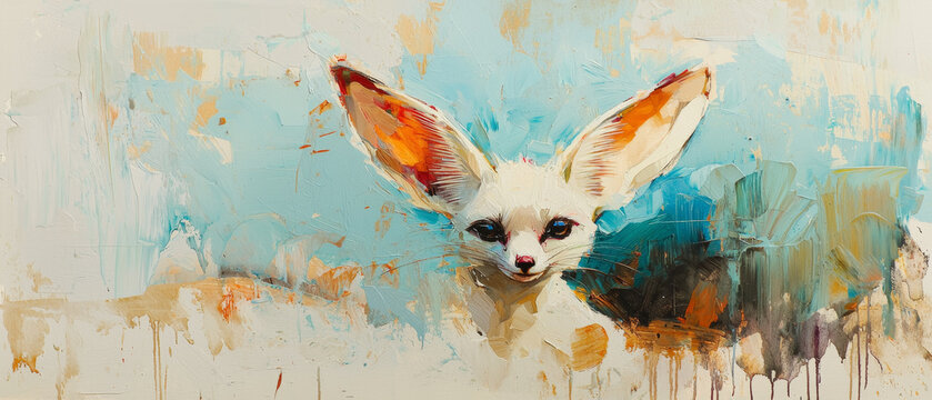 Impasto painting of a fennec fox, large ears, pale fur, teal background