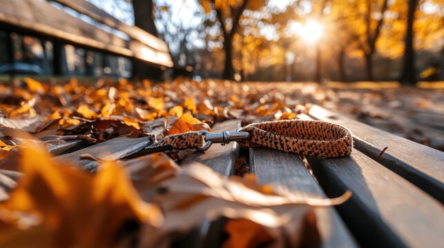 Autumn dog walk: leash on park bench amidst colorful fall leaves in sunlight. National Walk Your Dog Week