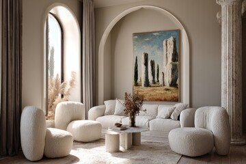 Modern, light-filled living room with beige furnishings and arched windows