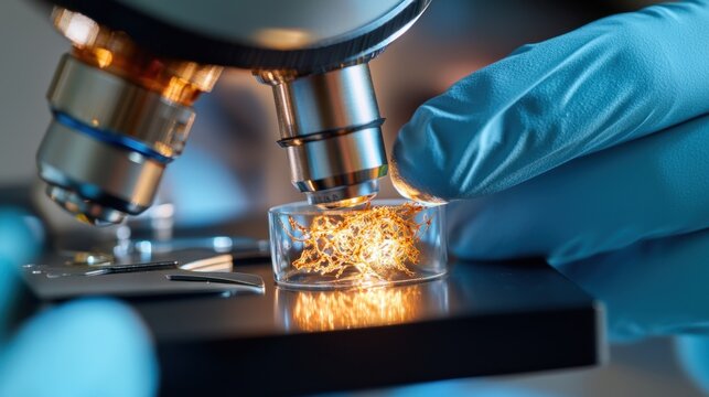 Gloved hands adjusting microscope illuminating fungal sample in laboratory close-up. Fungal Disease Awareness Week
