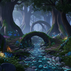Enchanted forest scene with a mossy stone bridge over a glowing stream, surrounded by ancient trees and luminous flora.