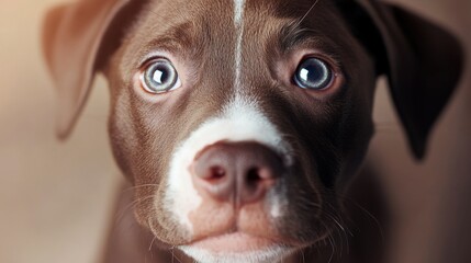 Close-up of adorable brown and white puppy with curious expression. Pitbull Awareness Month