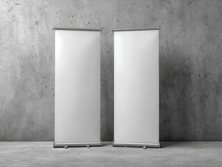 Blank retractable banners against a textured concrete wall