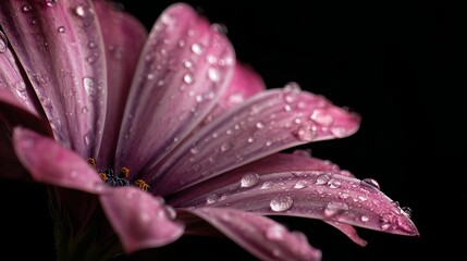 Fototapeta premium Stunning macro shot of a delicate pink daisy covered in glistening water droplets against a dark background