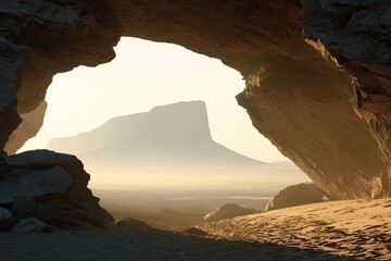 Desert cave opening to a misty mountain range