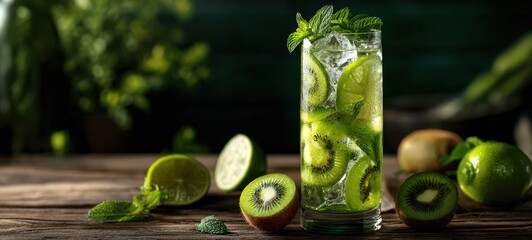 The refreshing kiwi cocktail garnished with fresh mint and lime slices.