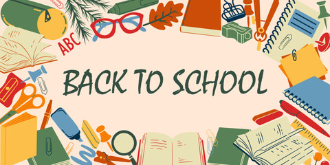 Modern flat background with school supplies. Vector simple background back to school.	