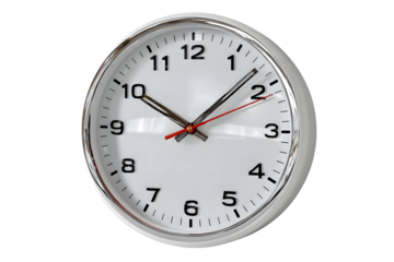 Modern white clock with silver trim isolated on a stark transparent background