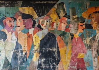 Fototapeta premium 89. Worn out mural of a historic parade