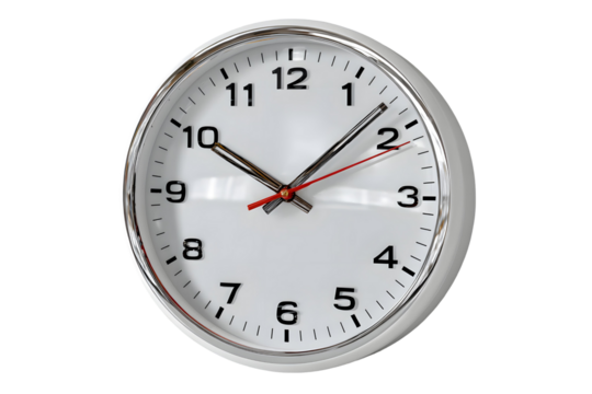 Modern white clock with silver trim isolated on a stark transparent background