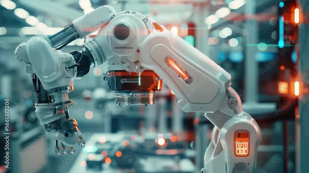 Poster industrial robot holding a red stop button in a factory setting, suitable for use in manufacturing o