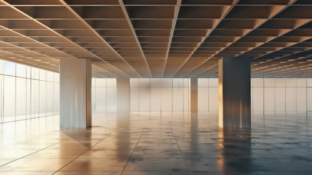 A large, empty room with many windows