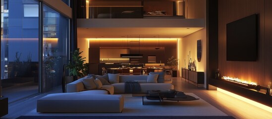 Modern Living Room with Fireplace and City View