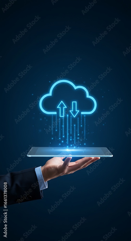 Poster a hand holds a tablet displaying a glowing cloud computing icon, symbolizing data transfer and digit