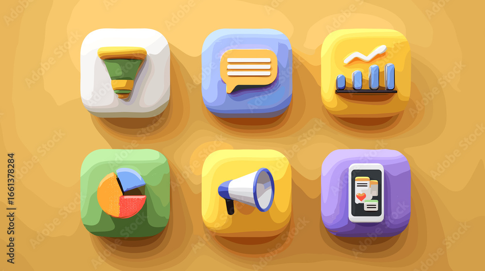 Poster a set of six colorful icons, including a pie chart, a speech bubble, and a megaphone, are displayed 
