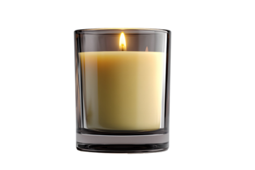 Elegant glass candle with a warm glow against a transparent background, tranquility