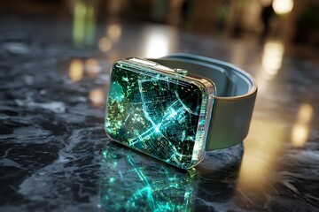 Futuristic smartwatch displays vibrant city map navigation with glowing circuit board interface, showcasing advanced technology and modern connectivity for smart living.