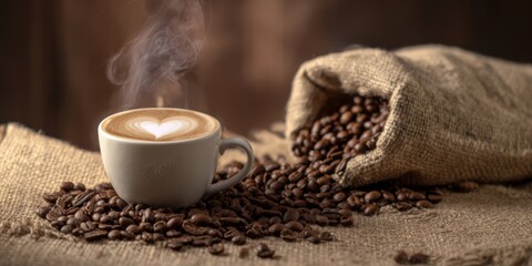 The steaming cup of coffee with heart design on burlap background.