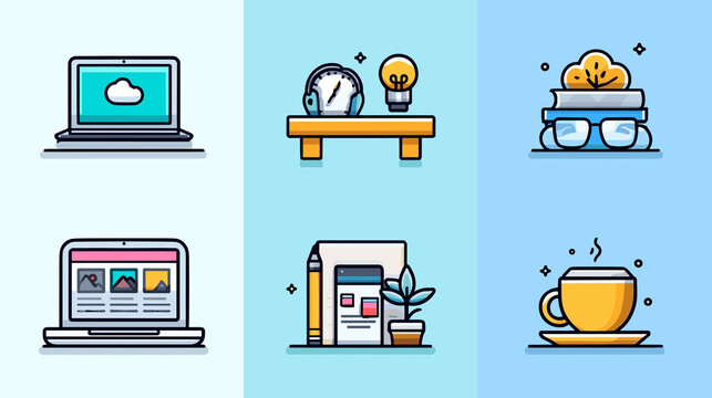 A laptop is shown on the left side of the image. The laptop is open and has a blue screen. A book is shown on the right side of the image. The book is open and has a yellow cover