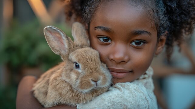 a cute little colored girl holding a rabbit