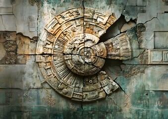 97. Wall mural of ancient civilization symbols breaking apart