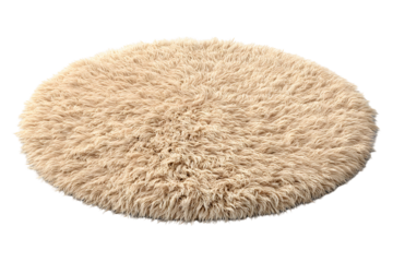 Round beige shaggy rug with long pile on a transparent background in studio shot