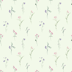 Watercolor seamless pattern white background - illustration with green leaves, pink blue purple buds and branches. Wildfield herbs flowers. Wedding invites, fashion, prints, backgrounds. Wildflowers